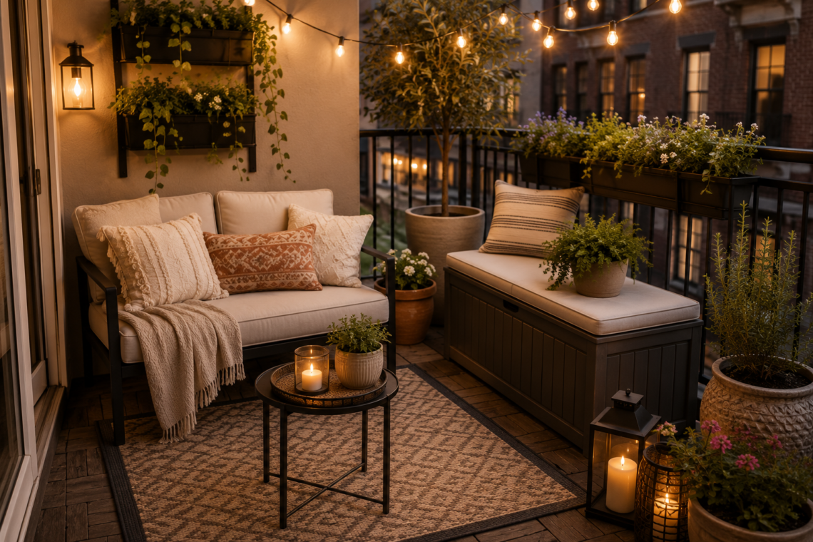Small balcony patio styled with compact seating, storage bench, outdoor rug, layered plants, and string lights