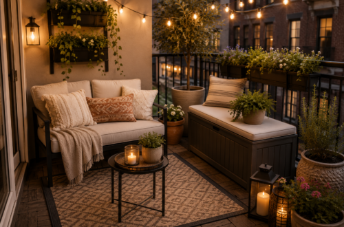 Small balcony patio styled with compact seating, storage bench, outdoor rug, layered plants, and string lights