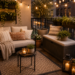 Small balcony patio styled with compact seating, storage bench, outdoor rug, layered plants, and string lights