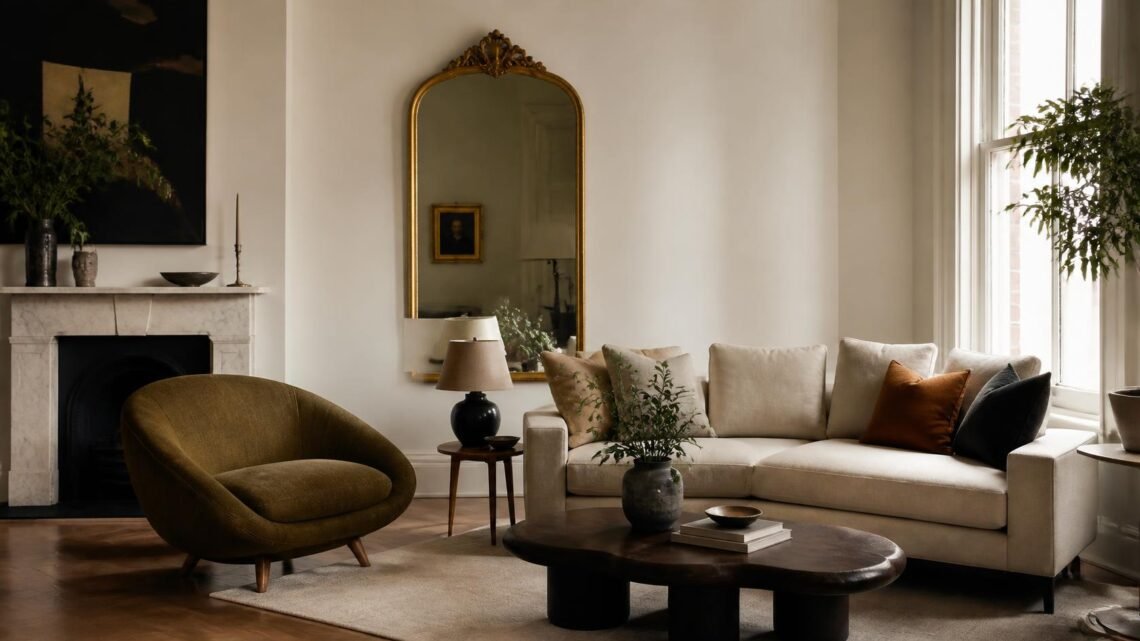 Modern living room with one vintage accent chair and antique brass mirror mixed into contemporary furniture
