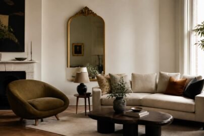 Modern living room with one vintage accent chair and antique brass mirror mixed into contemporary furniture