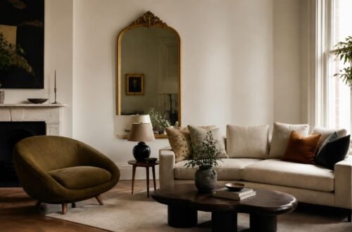 Modern living room with one vintage accent chair and antique brass mirror mixed into contemporary furniture