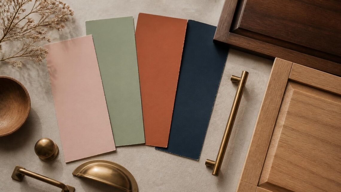 Muted vintage-inspired paint swatches arranged with wood furniture samples and brass hardware