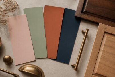 Muted vintage-inspired paint swatches arranged with wood furniture samples and brass hardware