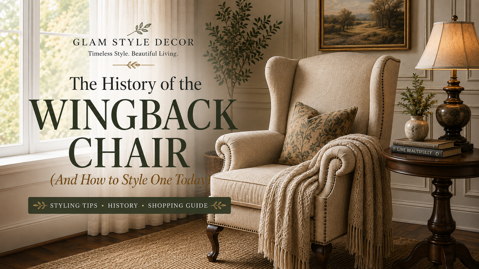 Cream wingback chair with nailhead trim styled beside a dark wood table in an elegant living room, featured in a guide to wingback chair history and styling.